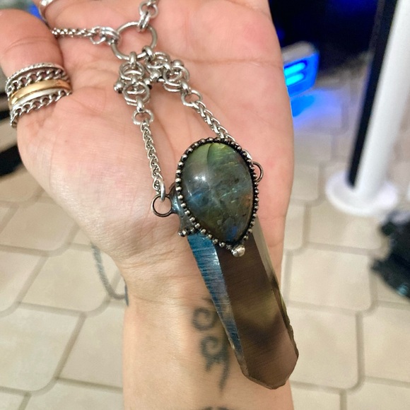 labradorite & Smokey crystal quartz maille stainless steel boho goth necklace - Picture 14 of 15